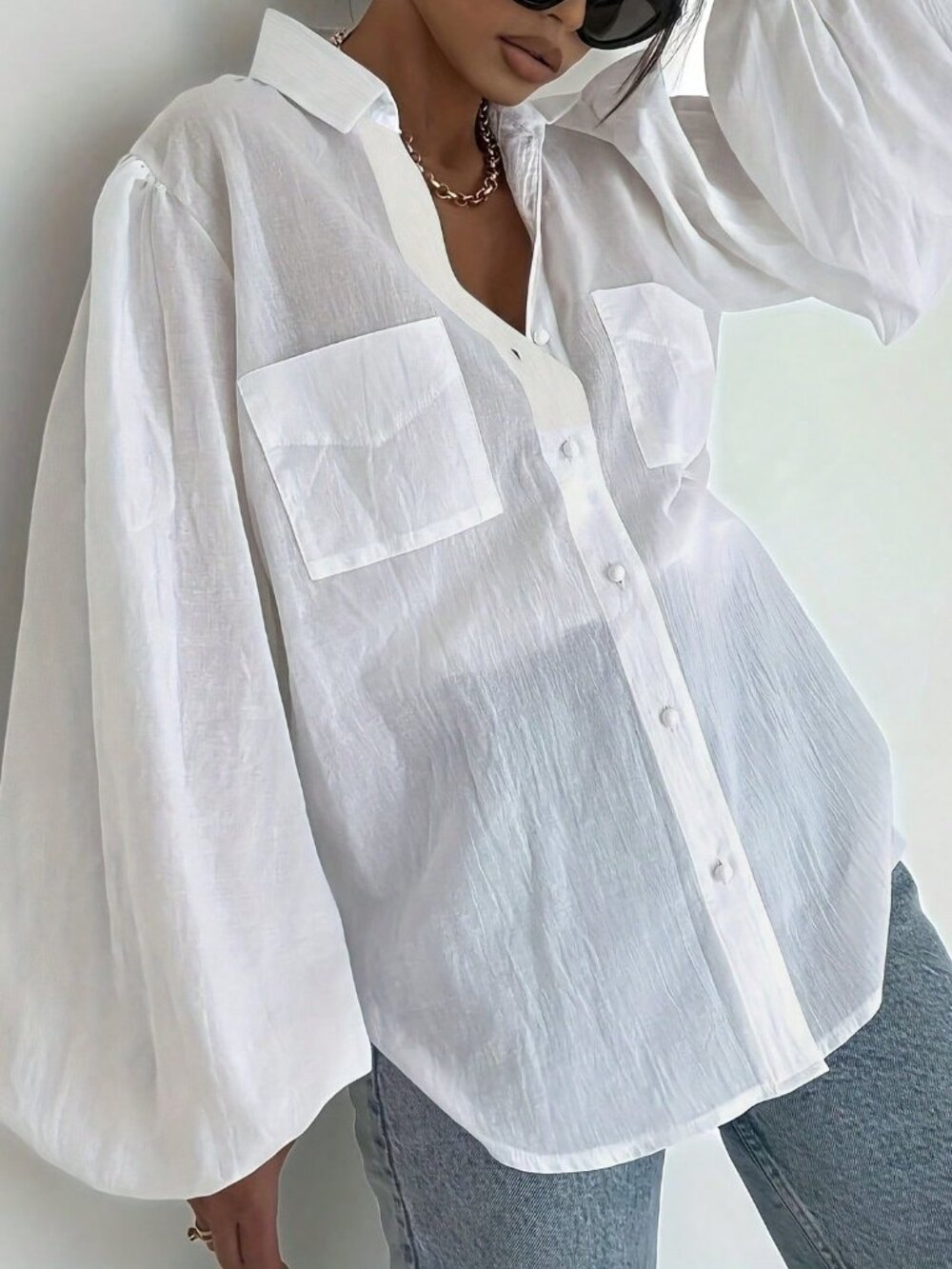 White Casual Women's Sheer Fabric Loose Fit Pocket Long Sleeve Shirt - Picture 4 of 4